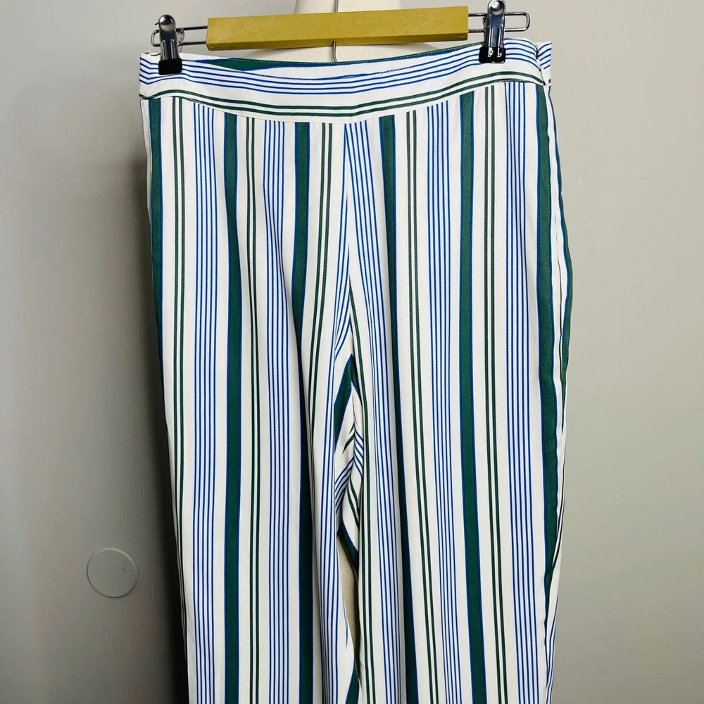 Tory Burch Green Blue Striped Side Zip Pants Straight Leg Trousers Size 4